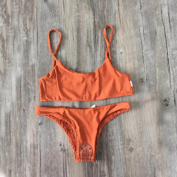 NEW Trendy Orange Crinkle Ruched Bikini Swim suit - Picture 2 of 8